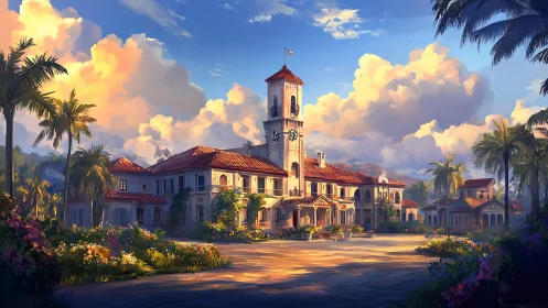 Sunlit colonial mansion amid lush tropical gardens at dusk.