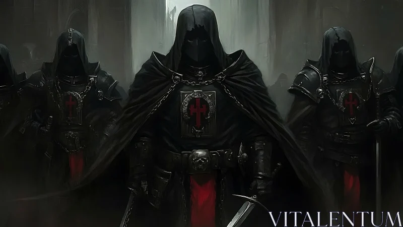 Hooded armored knights in black cloaks with red cross sigils.