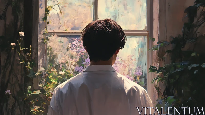 Solitary dreamer bathed in garden light before quiet window.