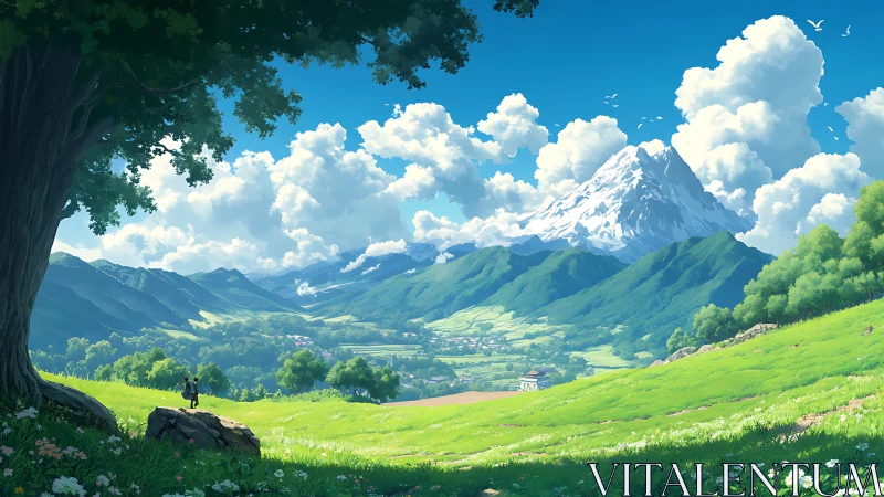 Wide green valley under snowy mountain and blue sky.