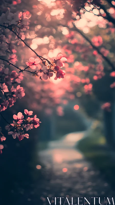 Pink flowering branches with soft-focus bokeh background rendering.