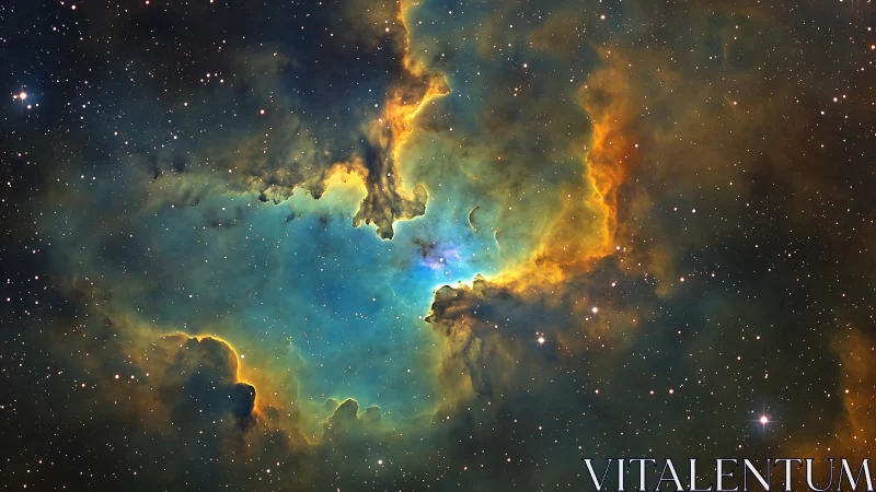 Emission nebula glows with teal core and golden ionized rim.