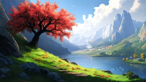 Radiant red tree overlooks high-altitude lake and terraced valley
