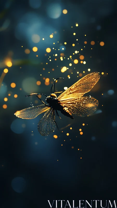 Glowing firefly hovers midair against soft blue bokeh field