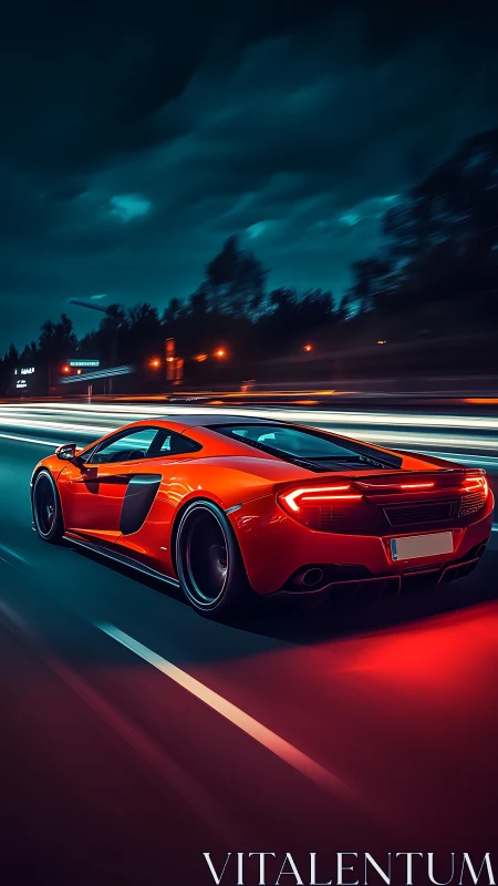 Scarlet supercar slices through a neon lit midnight highway