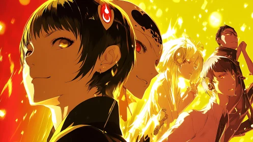 Group of stylized figures in intense yellow firelight scene.