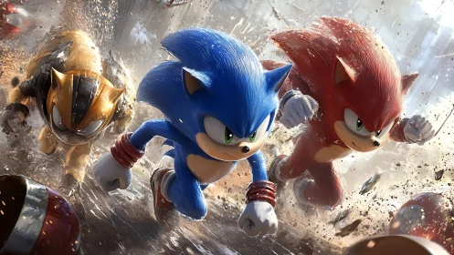 Three stylized hedgehog characters in dynamic forward motion.