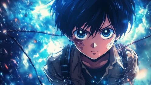 Fierce young anime hero stares down a glowing storm sky