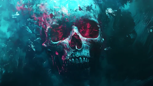 Human skull form emerges within turbulent cyan and magenta field