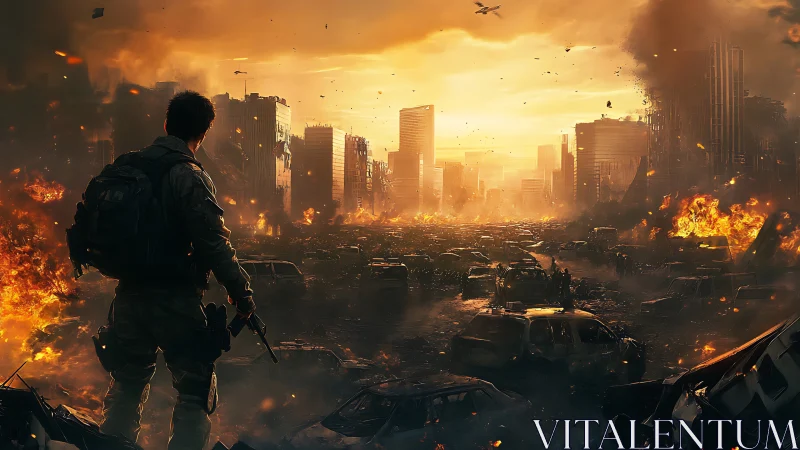 Lone survivor surveys burning post-apocalyptic cityscape.