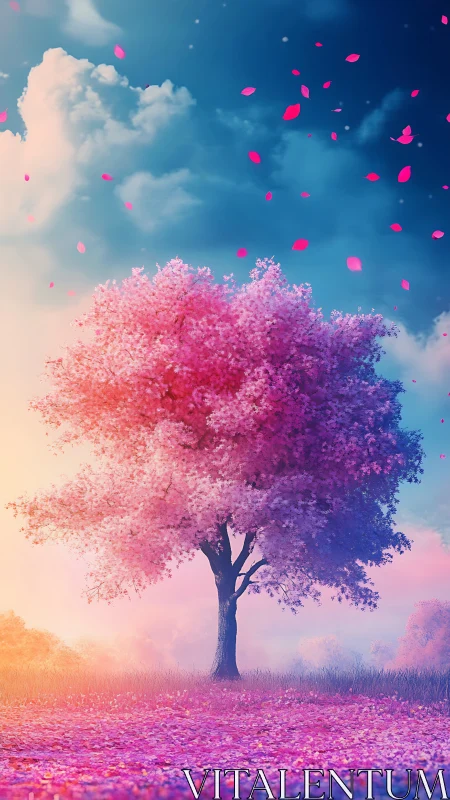 Dreamlit blossom tree under floating petal skies.