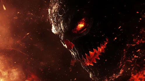 Molten demon visage emerging from blazing darkness.