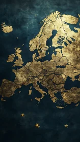 Textured golden map of Europe on dark blue background.