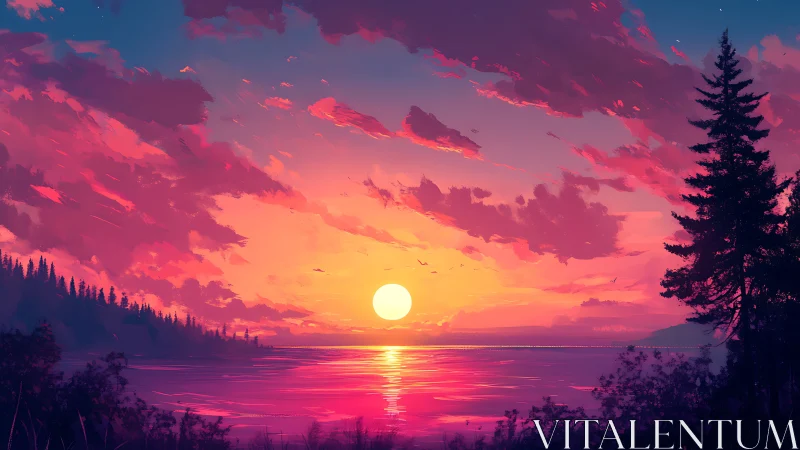 Sunset symphony over neon-touched lake and whispering pines.