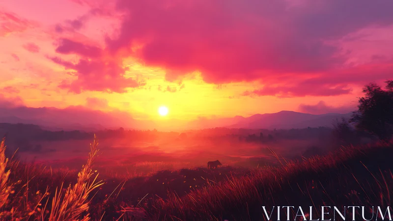 Radiant sunset burns over misty valley with grazing horse