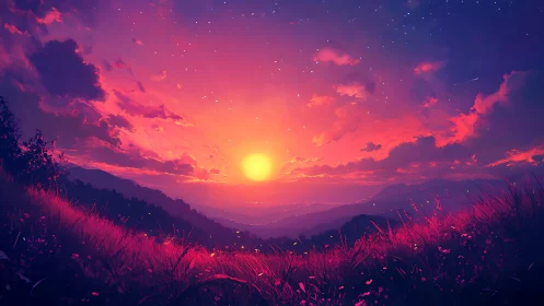 Sunset over layered hills and illuminated grassland plain.