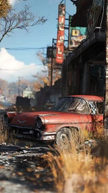 Rusting red sedan rests in an overgrown postwar street.