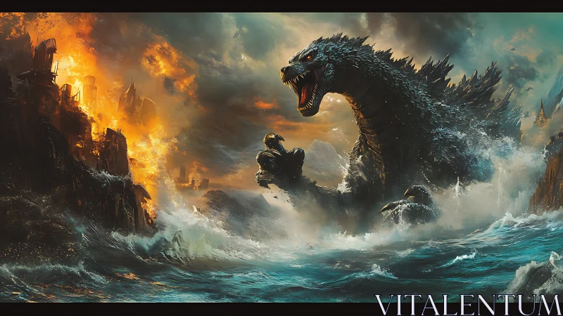 Colossal sea monster rises as a burning coastal city falls