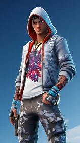 Hooded male game character stands in stylized outdoor light