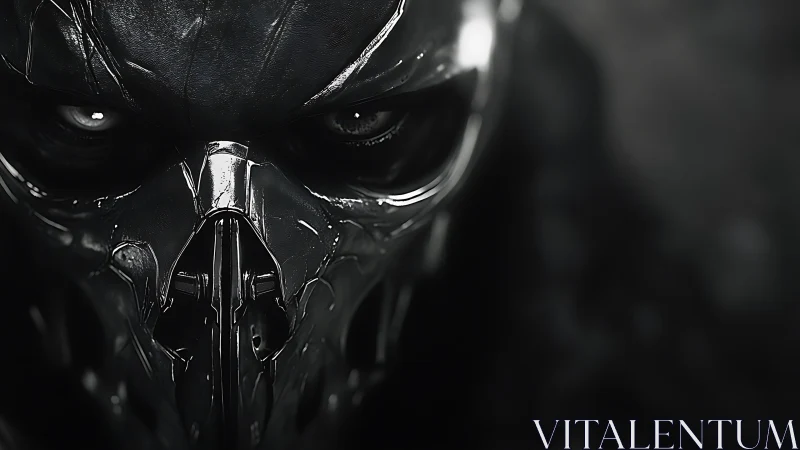 Obsidian skull visor with cybernetic menace in shadowed void.