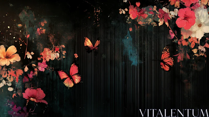 Butterflies move across florals on a dark textured field