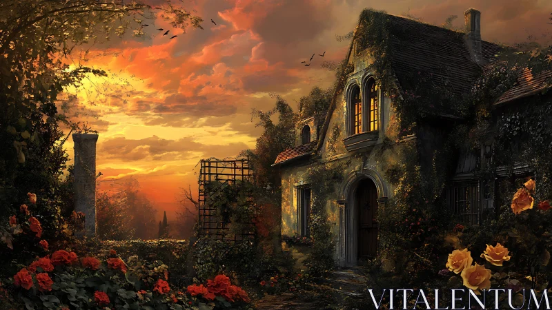 Sunset-illuminated ivy cottage with dense rose garden foreground