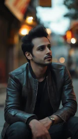 Thoughtful young man enjoys a calm evening city moment