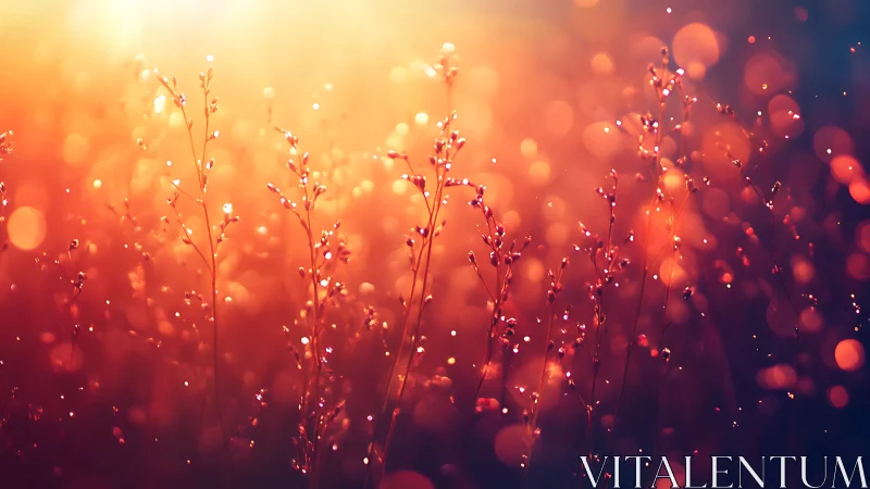 Backlit wild grasses in golden bokeh dusk field panorama.