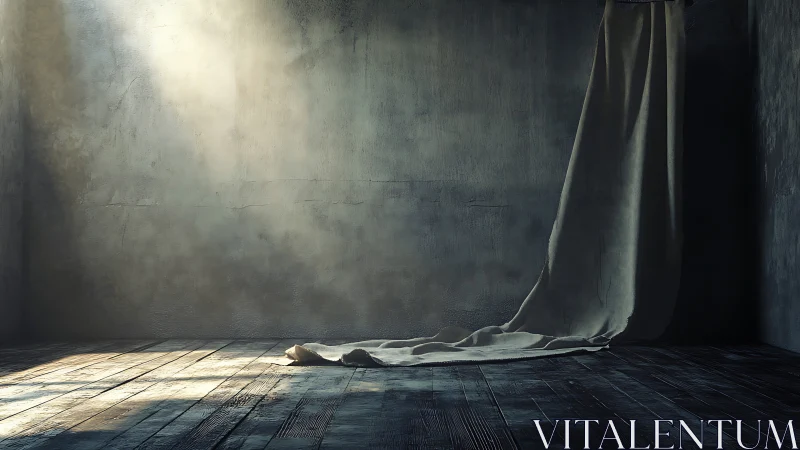 Solitary curtain falls across dim abandoned wooden room