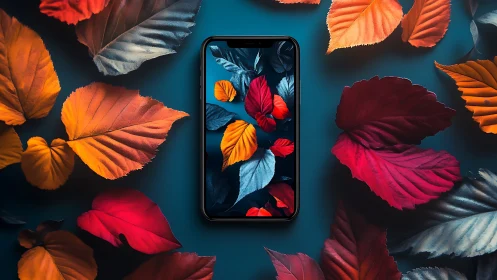 Smartphone with vivid autumn leaves on blue background.