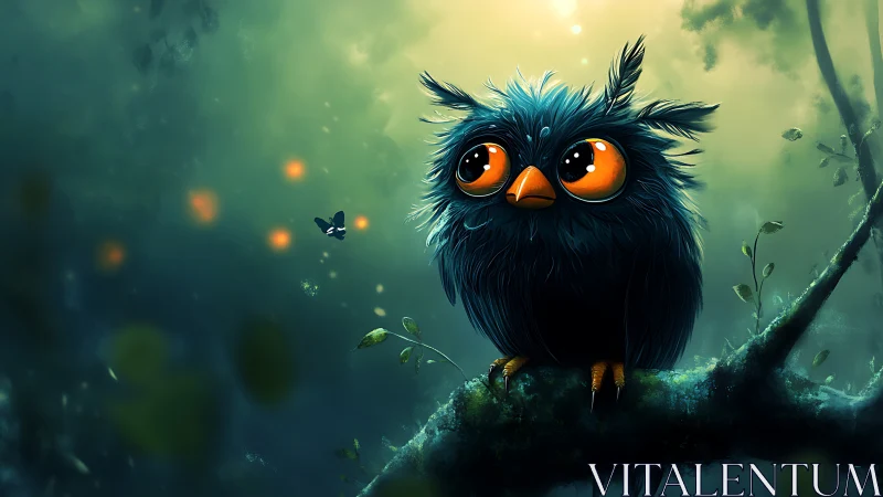 Bioluminescent forest perches stylized owl with oversized specular eyes