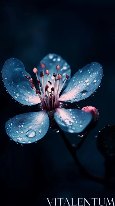Delicate Flower with Water Droplets Against Dark Blue Background