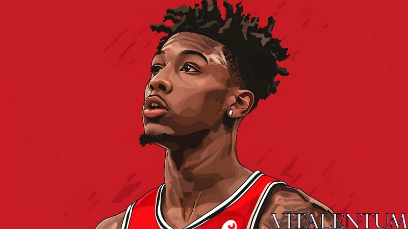 Basketball portrait illustration with bold red background.