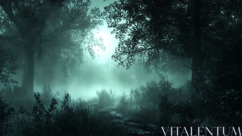Misty Forest Path Through Glowing Woodland.