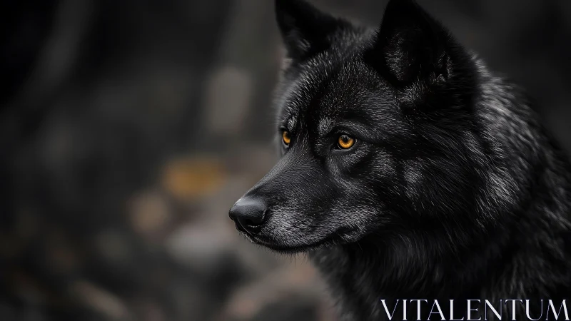 Black wolf portrait shows intense amber eyes in darkness.