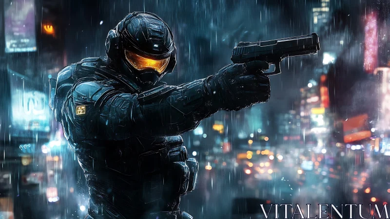Armored soldier with handgun in rainy urban night scene.