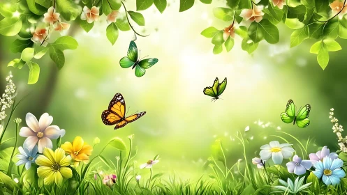 Colorful Butterflies in a Lush Spring Garden, Digital Art Style.