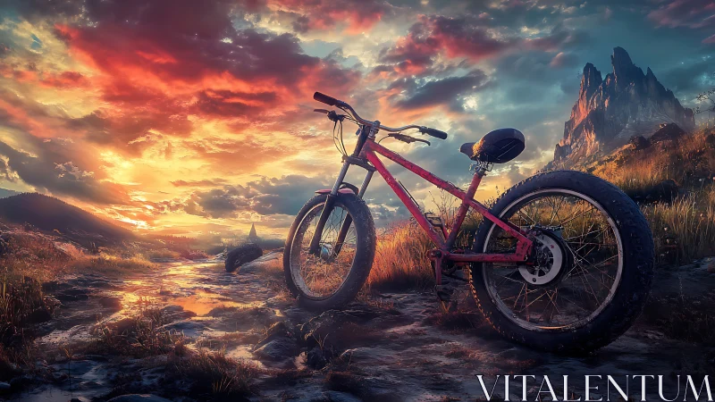 Pink Bicycle Against Dramatic Sunset Mountain Landscape.