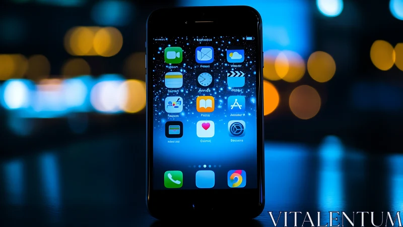 Night city bokeh crowns a glowing smartphone home screen