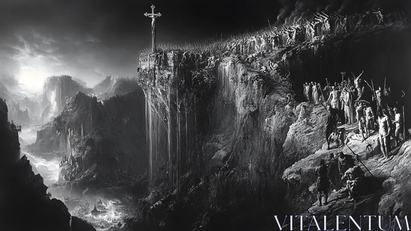 Monochrome cliffside procession converges on distant crucifix