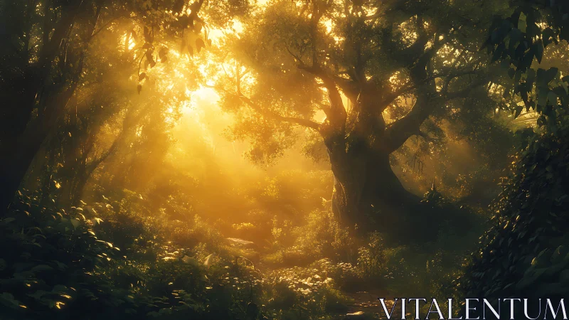 Ancient forest tree glows in golden, dreamlike sunrise light