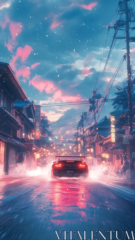 Sports car drives through neon lit wet street at twilight