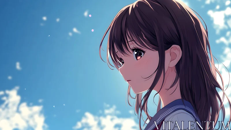 Quiet daydreams with a thoughtful girl under blue skies.