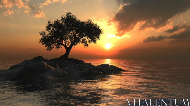 Solitary tree crowns a rocky islet at glowing sunset over sea.