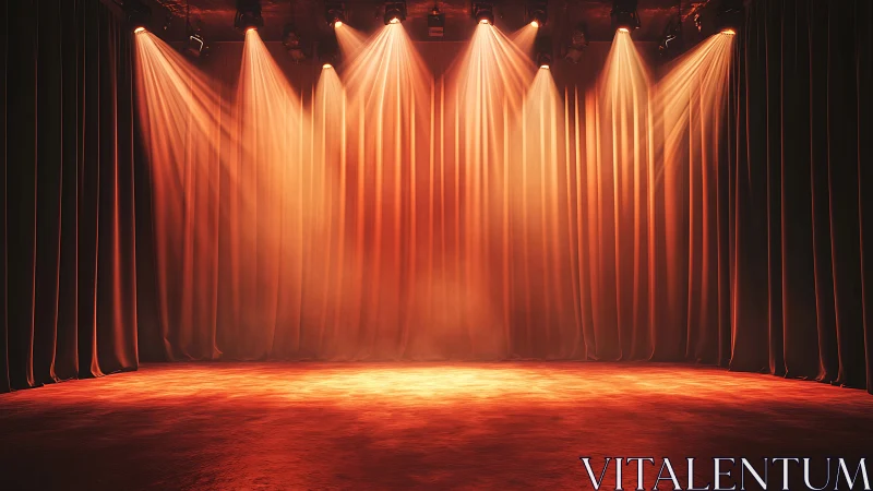 Empty theater stage with warm spotlights and curtains.
