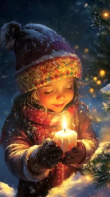 Young child cradles a glowing candle on a snowy winter night