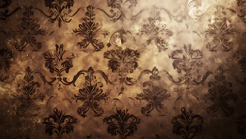Aged baroque damask wallpaper shows distressed ornamental pattern