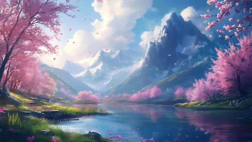 Serene alpine river reflects snow peaks and sakura bloom