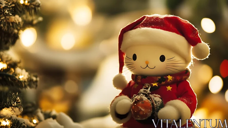 Cozy Christmas kitten mascot in a soft glowing wonderland.