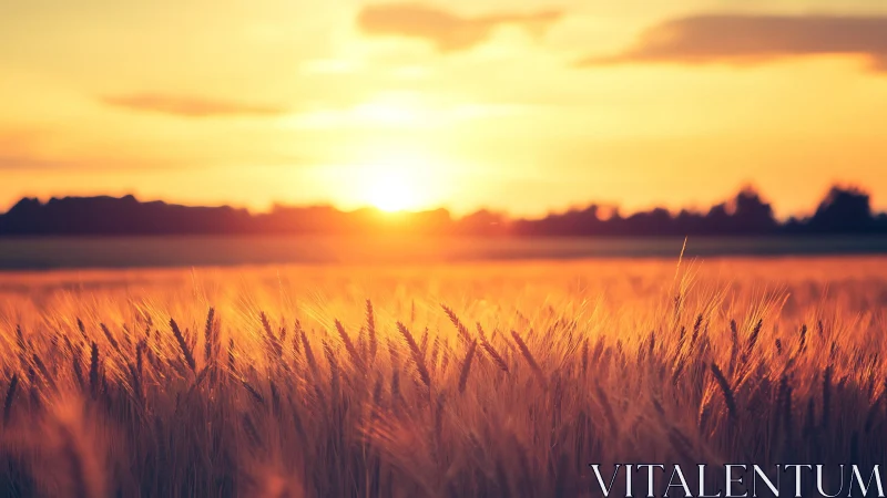 Sunlit wheat field glowing under warm golden sunset sky.